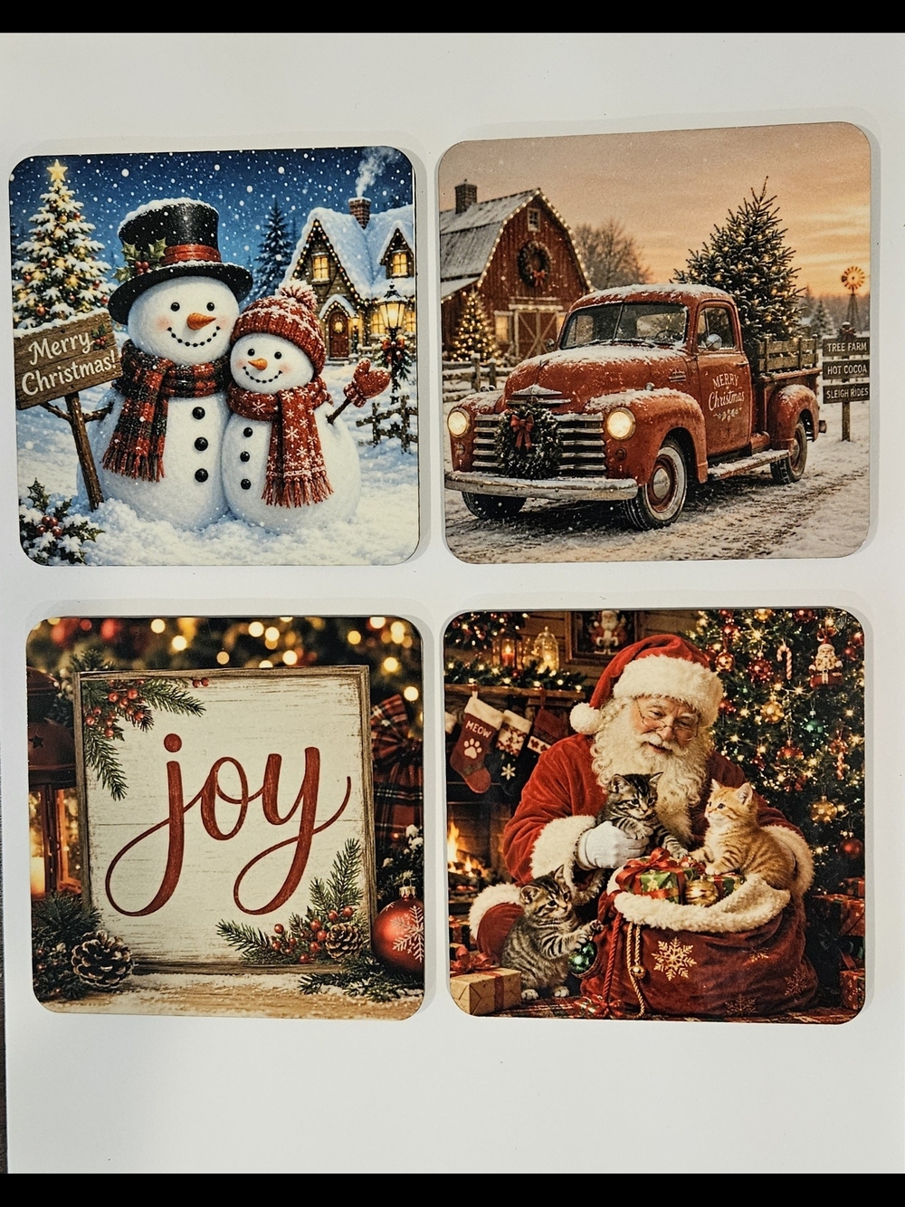 Holiday Coaster Set - Festive Snowman, Truck, Joy, and Santa Designs (Red/Brown)